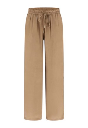 Beige wide-leg pants with elastic waistband and drawstring tie, made from smooth, lightweight fabric.