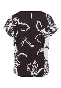 Zwart-wit korte mouw top met een bloem patroon, met een gladde textuur en een relaxte pasvorm. Achteraanzicht met contrasterende ontwerppartijen.