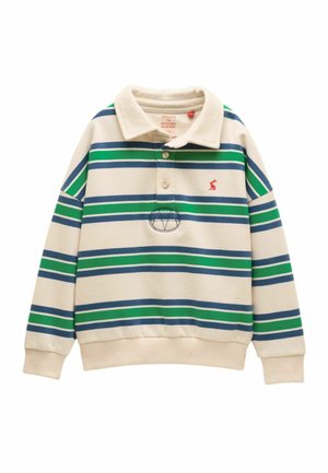 Long-sleeve cream polo shirt with green and navy horizontal stripes, buttoned collar, and small red emblem on the chest.