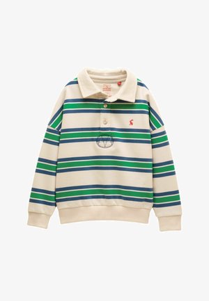 Langärmliges cremefarbenes Poloshirt mit grünen und marineblauen horizontalen Streifen, geknöpftem Kragen und kleinem rotem Emblem auf der Brust.