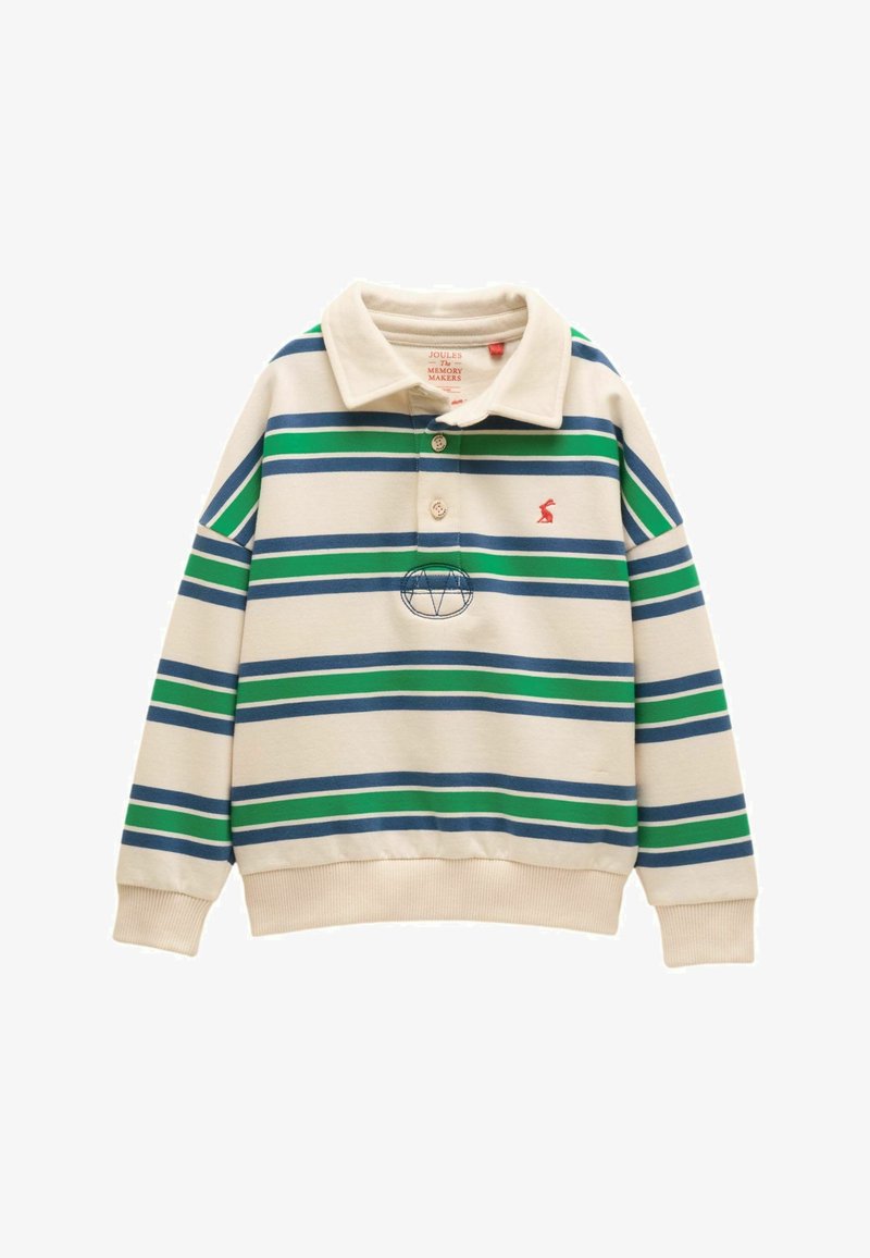 Dlhý rukáv krémovej polo košele s horizontálnymi zelenými a tmavomodrými pruhmi, golierom na gombíky a malým červeným emblémom na hrudi.