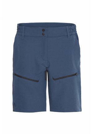 Mannelijke blauwe shorts van lichtgewicht stof; voorzien van een opgesmukt tailleband, twee zipbare zijzakken met zwarte accenten en een eenvoudig ontwerp.