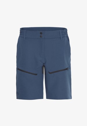 Vīriešu zili šorti, kas izgatavoti no viegla auduma; tiem ir saspringta josta, divas sānu kabatas ar rāvējslēdzējiem un melniem akcentiem, kā arī vienkāršs dizains.