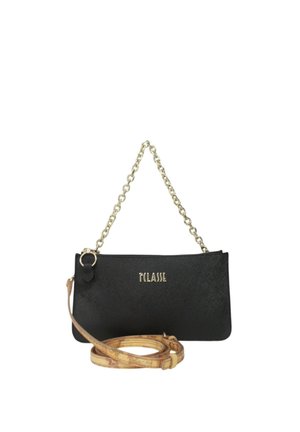 Borsa rettangolare nera con manico a catena dorata, tracolla regolabile beige e logo "T'CLASSE" in oro sul davanti.