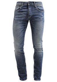 Denimfarkut keskitummansinisellä pesulla ja haalistuneella viimeistelyllä. Viiden taskun malli, suora lahkeen leikkaus ja napillinen vetoketju. Ei näkyviä koristeluja.