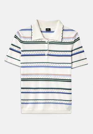 White short-sleeve polo shirt featuring multi-colored horizontal stripes, scalloped collar, and three buttons at the neck. Textured cotton material.