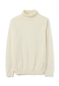 Maglione a collo alto di colore crema realizzato in morbido tessuto a maglia. Presenta maniche lunghe, colletto e polsini a coste, con una silhouette aderente.