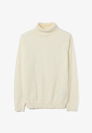 Pull à col roulé crème en tissu tricot doux. Doté de longues manches, d'un col et de poignets côtelés, avec une silhouette ajustée.