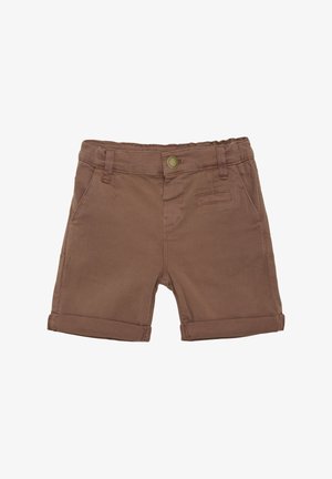 Shorts en coton marron avec des revers, une fermeture à bouton à l'avant, deux poches latérales et un petit détail de poche à l'arrière. Texture lisse.
