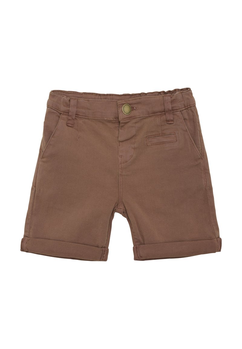 Bruna bomullsshorts med uppvikta fållar, en framknäppning, två sidofickor och en liten bakficka. Slät textur.
