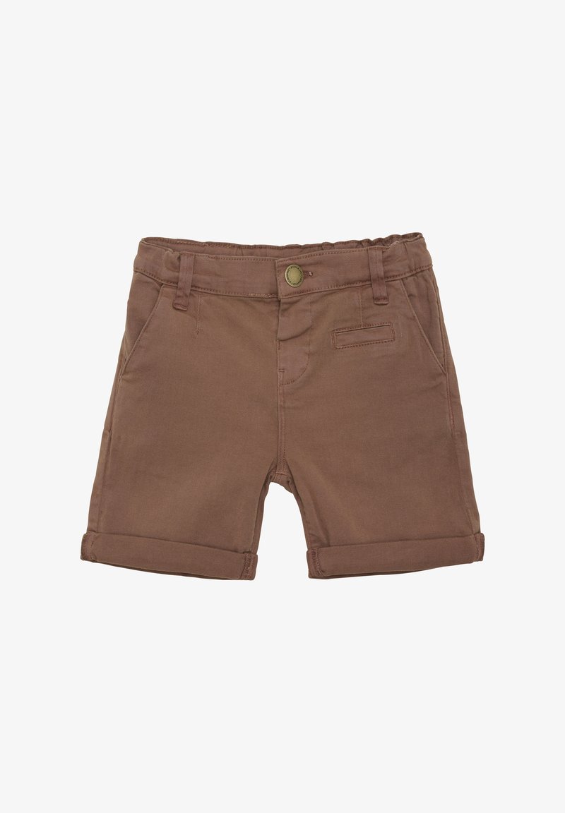 Brown cotton shorts with rolled cuffs, a front button closure, two side pockets, and a small back pocket detail. Smooth texture.