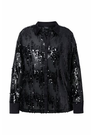 Zwarte button-up shirt met een sequined textuurdesign, met een kraag en lange mouwen. Geaccentueerd met glanzende, reflecterende elementen.