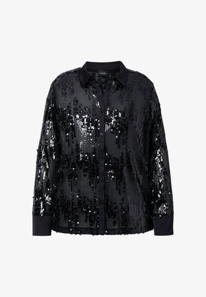 Schwarzes Hemd mit Knöpfen und strukturiertem Pailletten-Design, mit Kragen und langen Ärmeln. Akzentuiert mit glänzenden, reflektierenden Elementen.