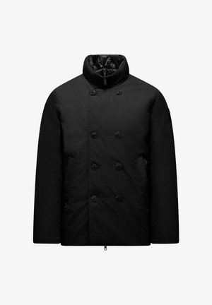 Schwarze, doppelt geknöpfte Daunenjacke mit hohem Kragen, ausgestattet mit Knopfverschluss und seitlichen Taschen, gefertigt aus glattem, strapazierfähigem Material.