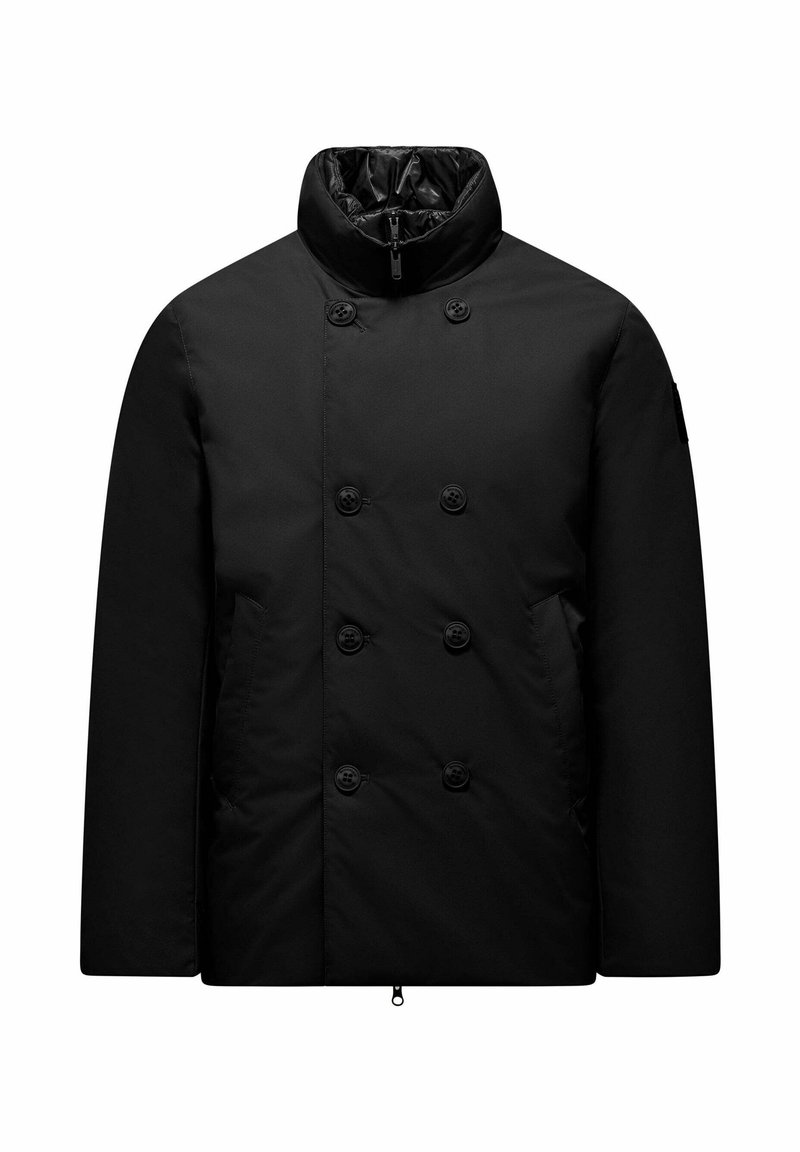 Giacca trapuntata nera doppiopetto con colletto alto, dotata di chiusure a bottoni e tasche laterali, realizzata in un materiale liscio e resistente.