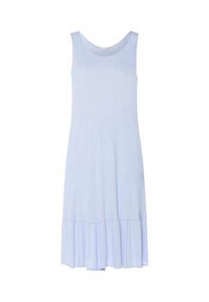 Hihaton vaaleansininen midi-mekko pyöreällä pääntiellä ja röyhelöhameella, esitetty valkoisella taustalla.