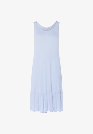 Ärmelloses, hellblaues Midikleid mit rundem Ausschnitt und gerafftem Saum, auf weißem Hintergrund präsentiert.