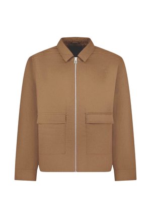 Braune Jacke mit Reißverschluss vorne, strukturiertem Kragen, zwei Vordertaschen und glatter Textur. Verfügt über schlichte Nahtdetails.