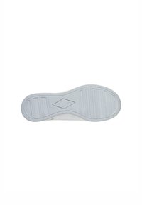Suola di scarpa con superficie in gomma testurizzata, caratterizzata da scanalature orizzontali e verticali, di colore grigio chiaro. Logo a forma di rombo al centro.