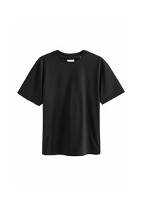 Camiseta negra de manga corta hecha de algodón, con cuello redondo y una textura suave. Sin patrones ni gráficos visibles.