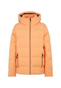 Chaqueta de puffer naranja claro con capucha, cierre de cremallera y bolsillos laterales. Presenta un diseño acolchado con costuras horizontales y una textura suave.