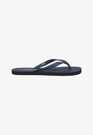 Tongs en caoutchouc bleu marine avec semelle texturée et deux fines lanières. Logo "SUPERDRY" en blanc sur la semelle. Semelle plate.