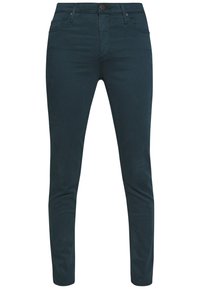 Dunkeltürkise Slim-Fit-Jeans aus weichem Stoff. Mit Knopfverschluss und normalen Taschen. Glatte Textur mit minimal sichtbaren Details.