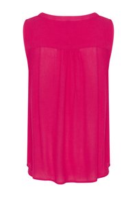 Top sin mangas en un brillante color rosa, con una textura suave, corte holgado, cuello redondo y detalles fruncidos en el dobladillo trasero.