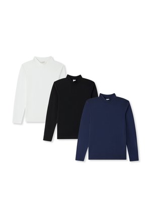 Tre magliette a maniche lunghe con collo alto in bianco, nero e blu navy. Realizzate in morbido tessuto, con una texture liscia e design aderente.