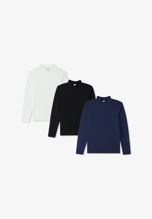 Trzy długie koszulki z mankietami w kolorze białym, czarnym i granatowym. Wykonane z miękkiego materiału, gładkiej tekstury i dopasowanego kroju.