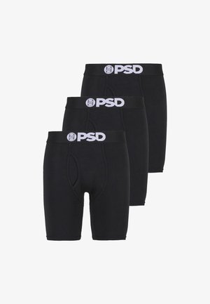 Drie zwarte PSD merk boxershorts met een wit logo op de tailleband, gerangschikt in een verspringende stapel.