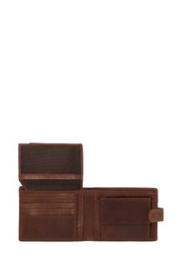Brown leather wallet with a textured surface, featuring multiple card slots, a clear ID window, and a snap closure.