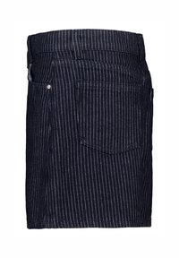 Navy pinstriped denim skirt with a high waist, side pocket, and silver hardware detailing. Structured shape with a hem at mid-thigh.