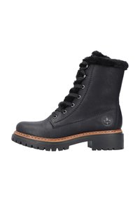 Bottines noires à cheville avec une tige en cuir lisse, doublure en fausse fourrure et semelle en caoutchouc robuste ; elles présentent des œillets en métal et un design à lacets.