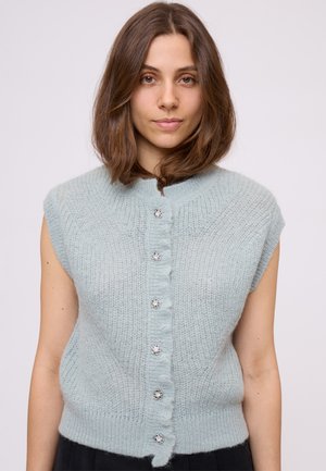 Young woman with shoulder-length brown hair wearing a light blue knitted sleeveless cardigan with floral buttons, standing against a plain background.