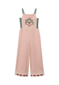 Roze stoffen jumpsuit met groene gesmokte schouderbanden, voorzien van geborduurde palmbladeren en bloemen details, en geaccentueerde patroonranden.
