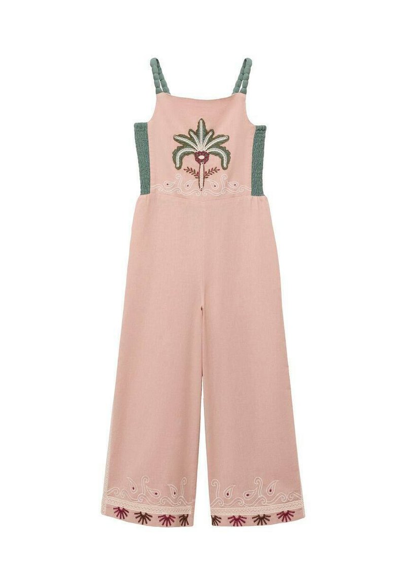 Roze stoffen jumpsuit met groene gesmokte schouderbanden, voorzien van geborduurde palmbladeren en bloemen details, en geaccentueerde patroonranden.