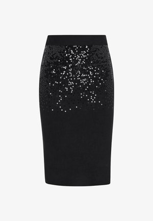 Schwarzer gerippter Bleistiftrock mit figurbetontem Design. Der obere Teil ist mit silbernen Pailletten verziert, die zum unteren Ende hin in ein einheitliches Schwarz übergehen.