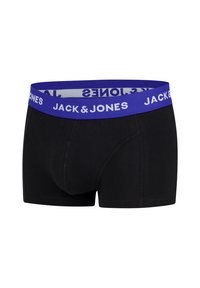 Zwarte boxershorts met een blauwe tailleband waarop de tekst "JACK & JONES" in witte letters staat. Glad materiaal met een aansluitend ontwerp.