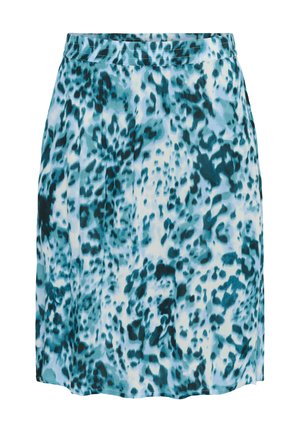 Une jupe mi-longue en bleu clair et teal avec un motif léopard, faite d'un tissu doux, dotée d'un design plissé et d'une taille élastique.