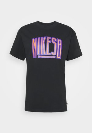 Black cotton t-shirt featuring the text "NIKESB" in bold purple and orange gradient. Classic crew neck and short sleeves.