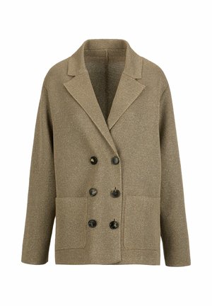 Taupe double-breasted blazer with wide lapels, six black buttons, long sleeves, and two front patch pockets.