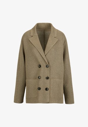 Taupe double-breasted blazer with wide lapels, six black buttons, long sleeves, and two front patch pockets.