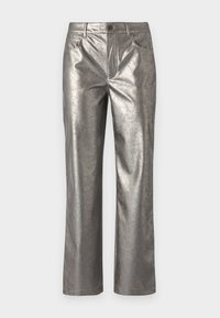 Metallic silver trousers with a straight cut, five pockets, and a button closure. Smooth texture with a subtle sheen and minimalist design.