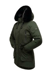 Green parka jacket with a faux fur-lined hood, multiple pockets, drawstring waist, and zippered closures. Made from a durable fabric.