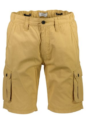 Gule cargo shorts med elastisk talje, knaplukning og sidelommer. Fremstillet af letvægtsstof med synlige syninger.