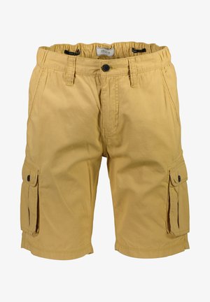 Geel cargoshorts met een elastische tailleband, knoopsluiting en zijzakken. Gemaakt van lichte stof met zichtbare stikseldetails.