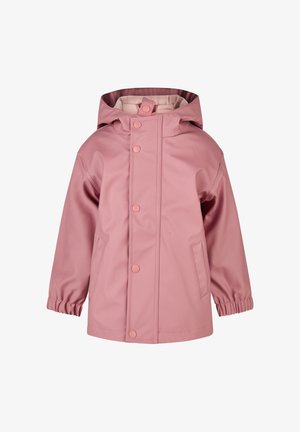 Pink wasserdichter Kinderregenmantel mit Kapuze, Druckknöpfen vorne, elastischen Bündchen und zwei Seitentaschen.
