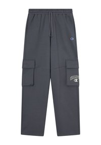 Graue Sweatpants mit elastischem Bund, Kordelzug und zwei seitlichen Cargotaschen. Mit einem gedruckten Logo auf dem linken Bein.