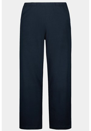 Pantalons bleu marine à taille élastique en tissu doux et lisse. Coupe droite sans poches ni matériel visible. Design simple et dépouillé.